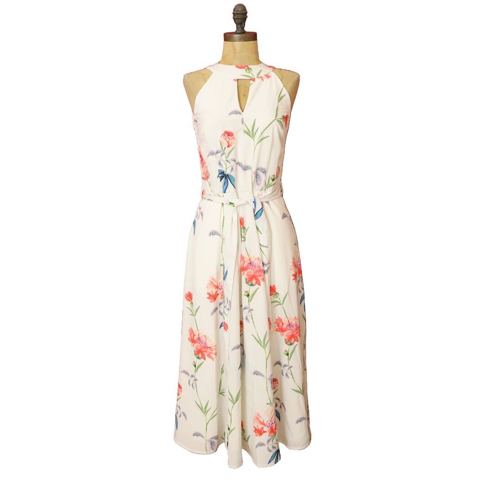 ESHAKTI Wayward Fancies Halter Midi Floral Dress S 6 White Cutout Lined EUC B68